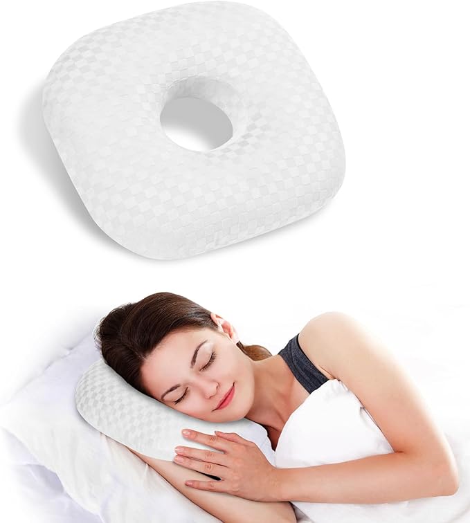 Ear Piercing Pillow for Side Sleepers - Ear Hole Pillow for Pierced Ears, CNH & Pain Relief, O-Shaped Orthopedic Pillow for Pressure Sores, Soft Cotton (White)