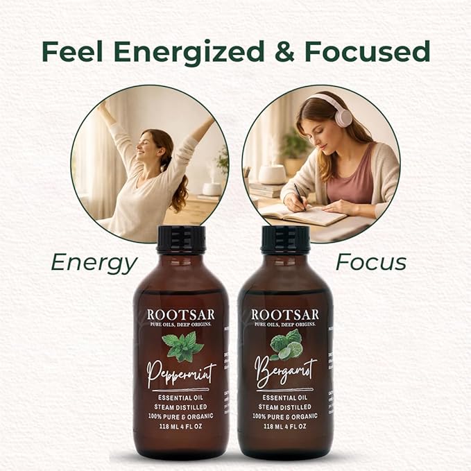 Peppermint & Bergamot Essential Oils Set – 100% Pure & Natural Aromatherapy Diffuser Oils for Focus, Energy, Stress Relief & Mood Support – Premium Uplifting Duo, 4 FL OZ / 118 ML