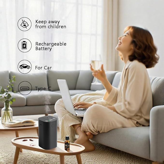 Waterless Essential Oil Diffuser, 20mL Rechargeable Nebulizing Diffuser with 4 Timers & 4 Mist Levels, Rechargeable Diffuser for Home, Office, Bedroom, Hotel, Travel (Black)