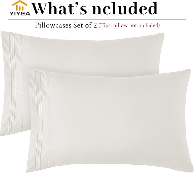 YIYEA California King Size Pillow Cases Set of 2, Ultra Soft Double Brushed Microfiber Pillowcases, Hotel Quality Embroidered Bed Pillow Covers King, Fade Resistant, Easy Slip-On (20"x40", Ivory)