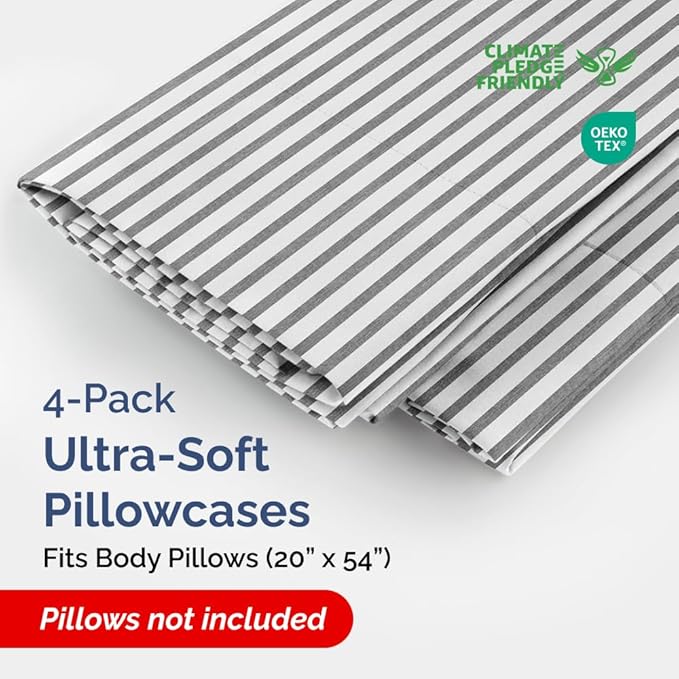 Body Pillowcases Set of 4-20x54 Long Body Pillow Case - Soft Body Pillow Cover for Sleeping & Side Sleepers - Comfy, Breathable & Fade Free - Machine Washable w/Envelope Enclosure - (Grey Stripes)