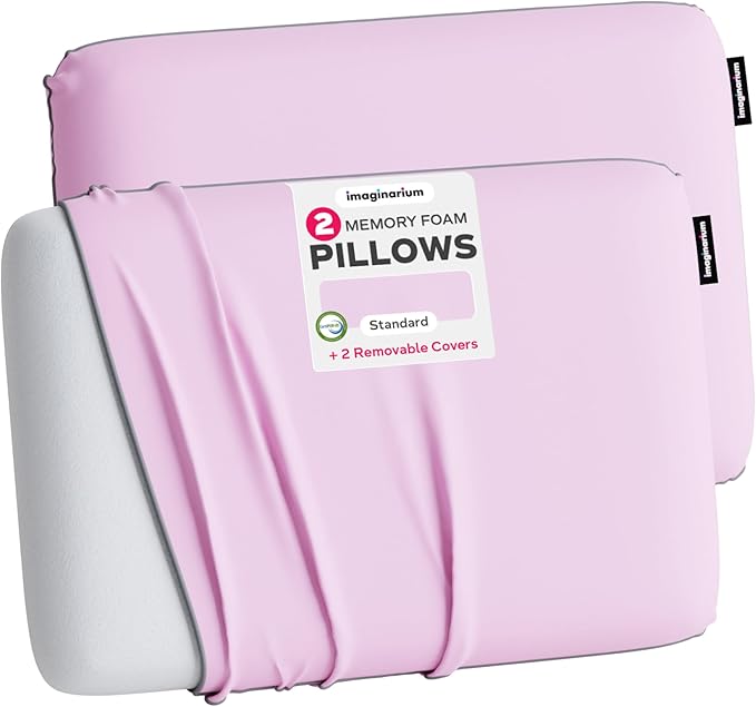 Imaginarium 2 Pack Memory Foam Pillows for Bed - 16" x 24" Standard/Queen – Fun Decorative Colorful Pillow for Sleeping – Back, Stomach & Side Sleepers – 2 Cooling Covers – (Pale Pink)