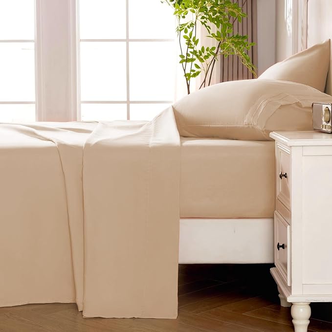 ROSE&RISY Khaki Twin Sheet Set, 3 Pieces Soft Bedding Twin Sheet Set, Breathable and Cooling,Includes Fitted, Flat, Pillow Cases - Deep Pocket (Khaki, Twin)
