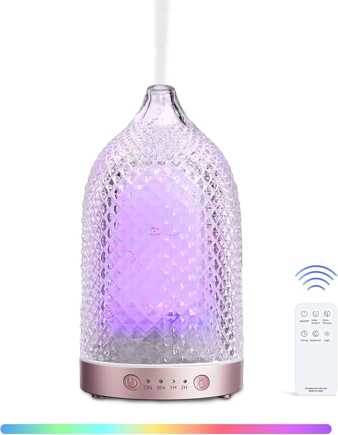 Glass Essential Oil Diffuser, 7 Colors Glass Diffusers for Essential Oils with 2 Mists Remote Control Auto-Off Timer, 200ML Aromatherapy Diffuser for Home Office Bedroom (Rose Gold)