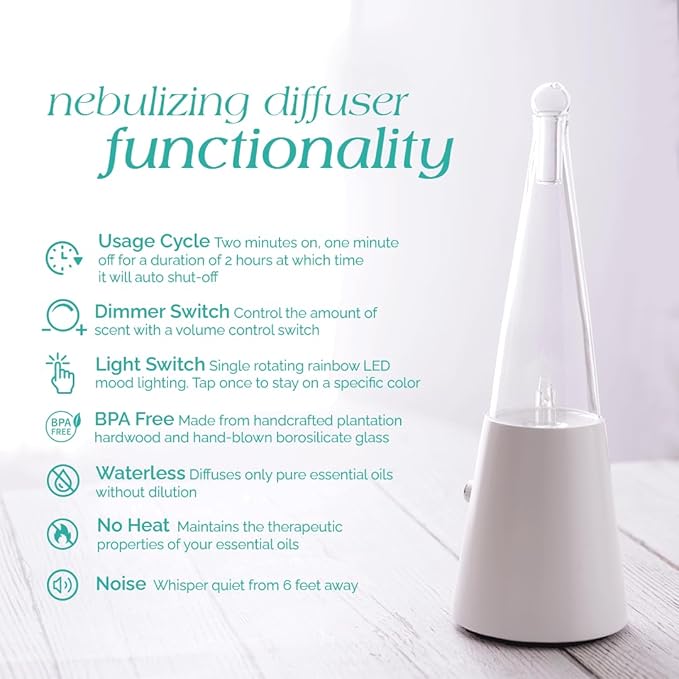 Exquisite Nebulizing Essential Oil Diffuser for Aromatherapy by Organic Aromas - Light-Colored Wood Base with Glass Reservoir (Light-Colored Wood)