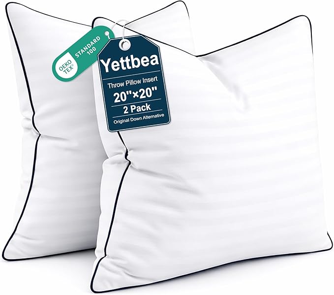 Yettbea 20x20 Inches Pillow Inserts Set of 2- Premium Soft Down Alternative Fill, Decorative Throw Pillows for Couch, Bed & Sofa, Supportive White Striped Bedroom Pillow Forms