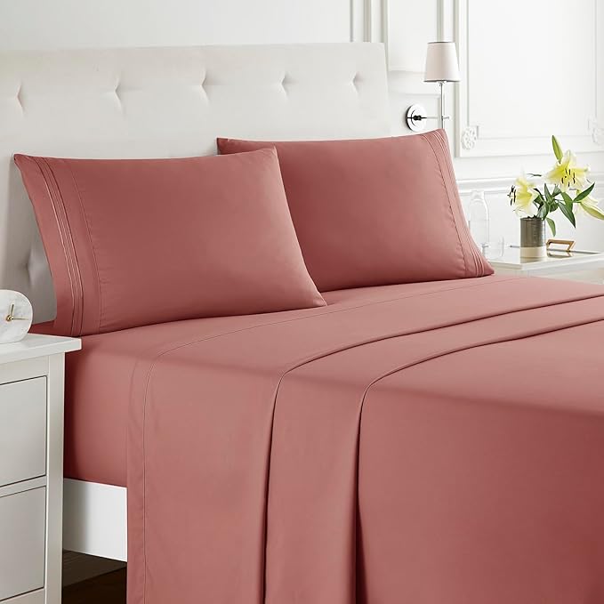 Clara Clark Bed Sheets, Premier 1800 Series Bed Sheet Set, Deep Pocket, Wrinkle, Fade, Stain Resistant, Luxury Soft Bedding Sheets & Pillowcases, Split King, Pink Clay