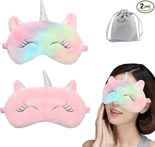 2 Pcs Cute Sleep Mask, Cartoon Eye Mask for Travel Nap Sleep Lunch Break Overnight Party, Soft Plush Blindfold Eye Covers for Women Girls Kids