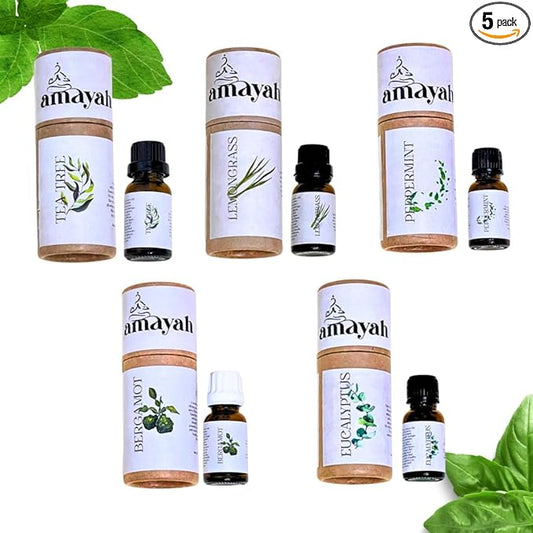 Amayah Focus Essential Oil Blend Set for Concentration & Mental Clarity | Peppermint, Tea Tree & Eucalyptus Aromatherapy Oils for Work, Study & Productivity | Diffuser Oils for Energy & Alertness