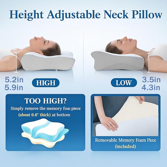 Cervical Traction Pillow for Neck Pain Relief Ergonomic Memory Foam for Side Sleepers with TMJ & Snoring Height Adjustable Orthopedic Bed Pillow for Back Sleepers Pressure Relief
