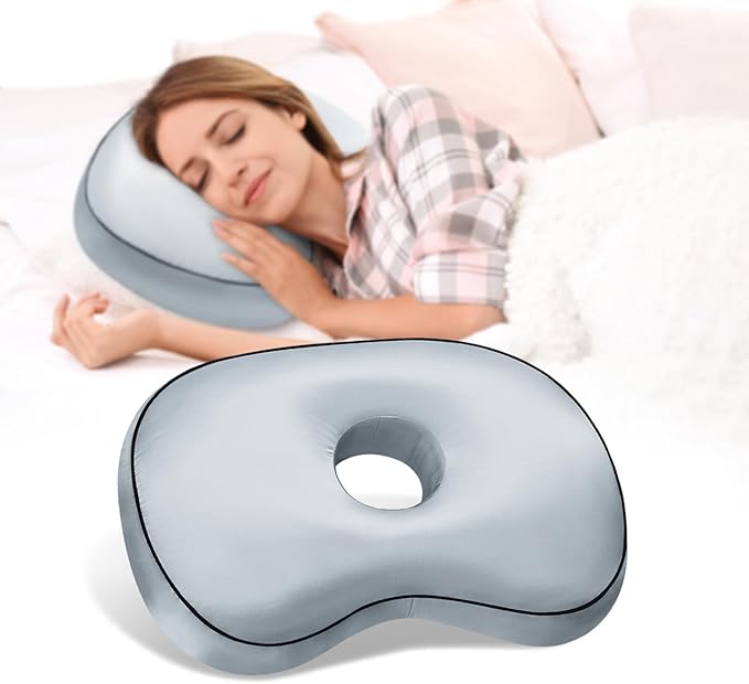 Ear Hole Piercing Pillow for Side Sleepers for CNH and Ear Pain Inflammation Pressure Sores, Cotton and Polyester Adjustable Filling Washable and Adjustable Ear Guard Pillow (Light Blue Silk)