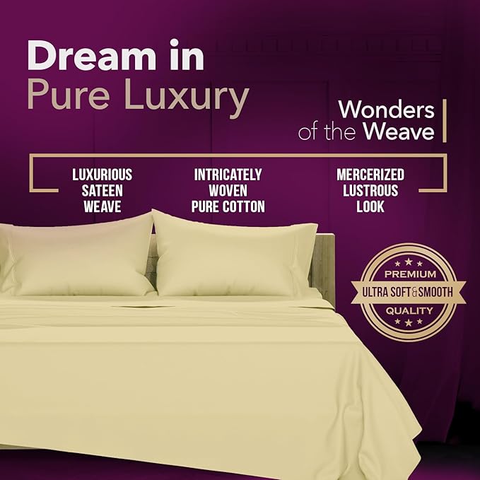 Texas Linen Co. 100% Egyptian Cotton Pillow Cases King Size Set of 2 - Luxury 1200 Series Sateen Beige Pillow Covers, Silky Soft & Cooling Extra Long Staple Pillowcases, Fits King Size Pillows