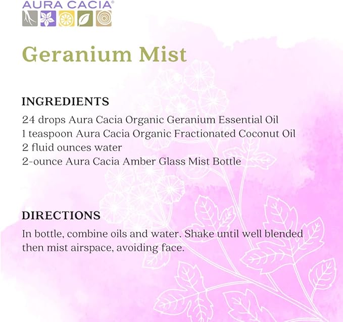 Aura Cacia 100% Pure Geranium Essential Oil | Certified Organic, GC/MS Tested for Purity | 7.4 ml (0.25 fl. oz.) | Pelargonium graveolens