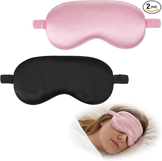 2 Pack Silk Sleep Mask Soft Blackout Eye Mask for Women Men Satin Blindfold with Elastic Strap Eye Sleep Shade Cover Travel Eyes Covers for Night Sleeping Travel Nap-Pink/Black