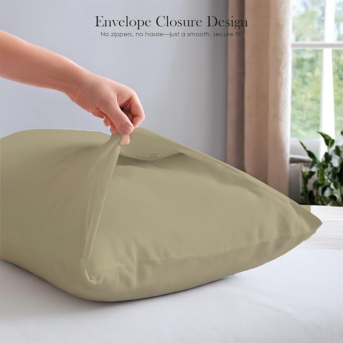 400 Thread Count 100% Egyptian Cotton Queen Size Pillowcases Set of 4, Soft & Breathable Sateen Weave, Envelope Closure, Hotel Luxury Bed Linen, Durable & Fade Resistant, 20"x30", Beige