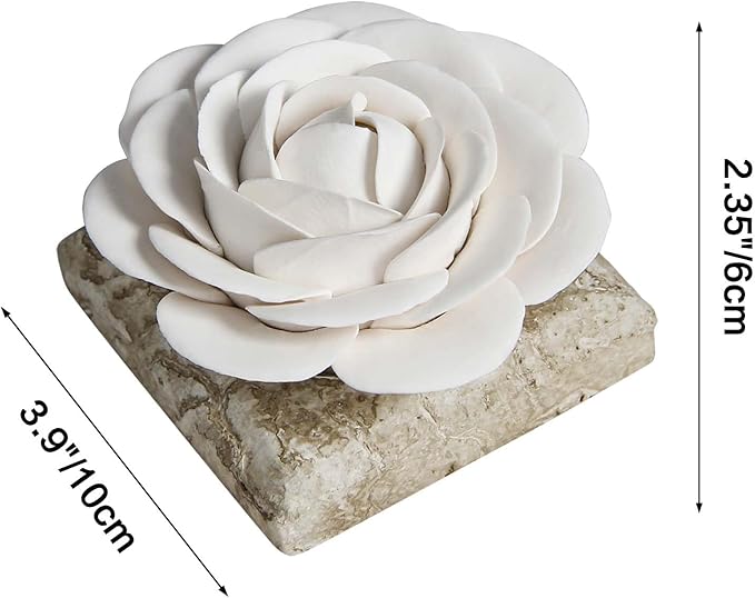 Ceramic Passive Essential Oil Diffuser, Aesthetic Desktop Handmade Flower & Concrete Base, Porcelain Aromatherapy Oils Diffuser for Home, Office, Yoga, Spa Room (White Camellia)