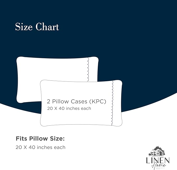 Linen Home 100% Cotton Percale Moon Scallop Hem Pillowcases King Size, Dark Blue, 2 Pieces of Pillow Case, Crisp and Cool Strong Bed Linen, 20 inches X 40 inches