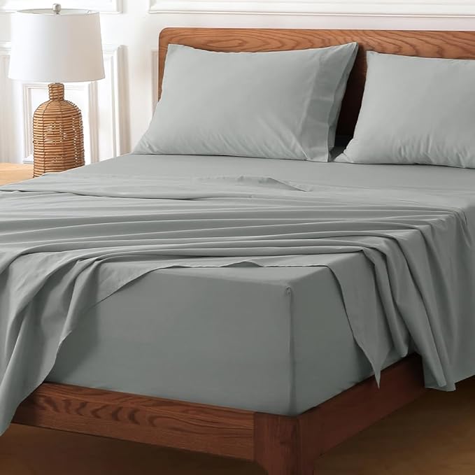 HYPREST Extra Deep Pocket Cal King Sheet Sets Fits 18"-24" in Deep Mattress -100% Cotton California King Sheet Set, Light Grey Sheets Soft Sheet Sets Breahtable No Slipping