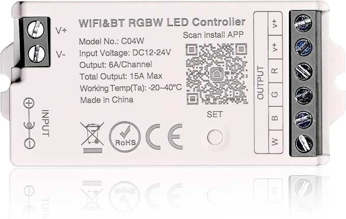 C04W RGBW LED Controller, Tuya WiFi 2.4G RF, 5Pin PWM for SMD FCOB Strip, APP & Voice Control, Compatible with Alexa Google Home, Compatible with WR01RF RC03RFB RC04RFB RC05RFB Remote