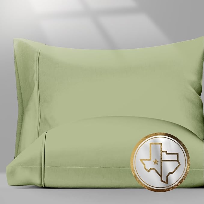 TEXAS LINEN CO. 100% Egyptian Cotton Pillow Cases King Size Set of 2 - Luxury 1500 Series Couture Comfortin' Collection Sateen Pillow Covers (Sage Green), Hotel Pillowcases, Fits King Size Pillows