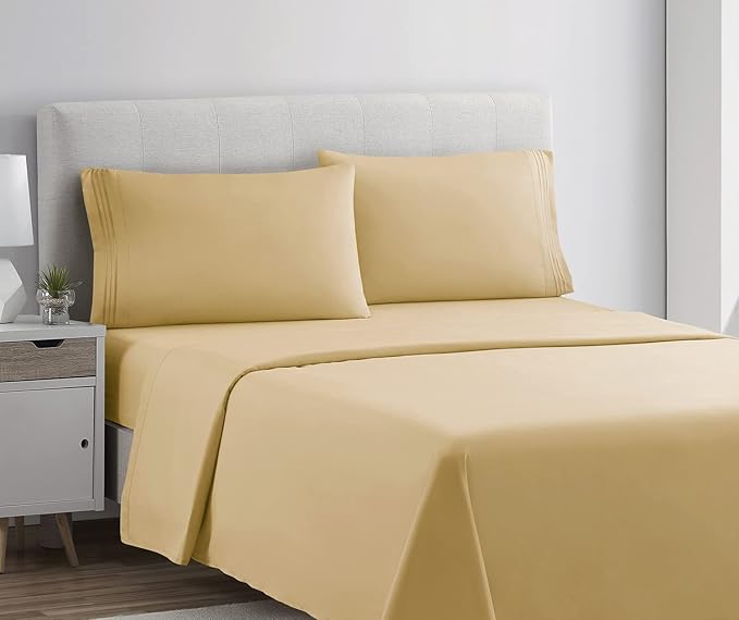 Clara Clark Bed Sheets, Premier 1800 Series 4 Piece Bed Sheet Set, Deep Pocket, Wrinkle, Fade, Stain Resistant, Luxury Soft Bedding Sheets & Pillowcases, Twin-XL, Camel Gold