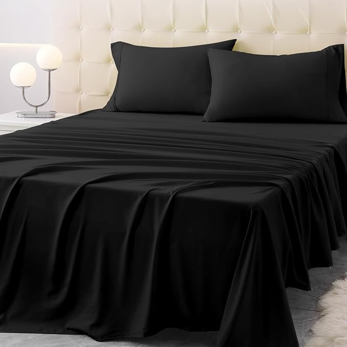 King Size Bed Sheet Set - 4 Piece Soft Microfiber Sheets with Deep Pockets, Cooling Technology, and Wrinkle-Free Pillowcase. Hotel-Quality, Durable Bedding, Black