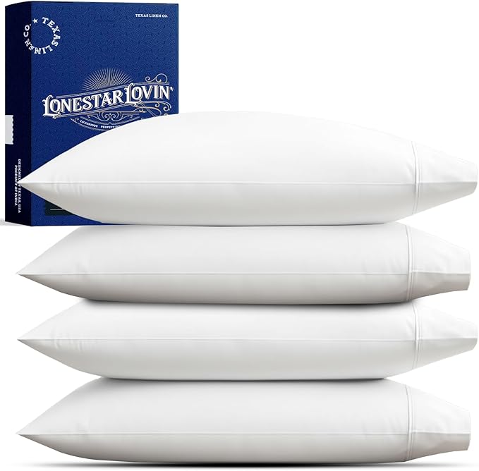 TEXAS LINEN CO. Premium Egyptian Cotton Pillow Cases Standard/Queen Size Set of 4 - Luxury 1000 Series Lonestar Lovin' Collection Cotton Pillow Cases (2 Pair, White), Extra Long Staple Pillowcases