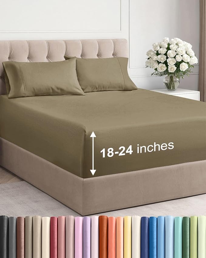 Extra Deep Queen Sheet Set - 4 Piece Breathable & Cooling Bed Sheets - Easily Fits 18 to 24 inch Mattress - Ultra Soft, Wrinkle & Fade Free w/ Extra Deep Pockets - Comfy Hotel Luxury Bedding - Khaki