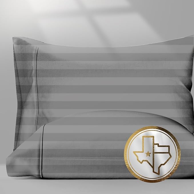 TEXAS LINEN CO. 100% Egyptian Cotton Pillow Cases Standard/Queen Size Set of 2 - Luxury 1500 Series Couture Comfortin' Damask Cotton Pillowcases (Dark Grey Stripe), Fits Queen Size Pillows