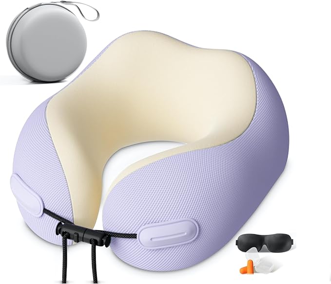 Cool Fly - Cool Colors Travel Neck Pillow Set. Cool Bright Fashion Pastel Colors. Luxury Memory Foam Airplane Adjustable Pillow. Cooling Silky Breathable Cover with Bonus Sleep mask, Purple-Beige