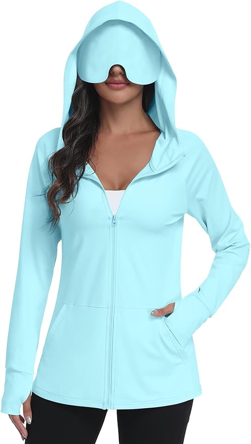 SeSe Code UPF 50+ Hoodie With Eye Mask Womens Zip Up Travel Jackets Sleep Sun Protection Shirts Pockets Outdoor Nap