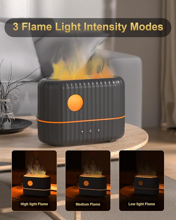 Essential Oil Diffuser with Flame Light, 3 Flame Light Intensity Modes and 2 Adjustable Cool Mist Setting Aromatherapy Diffuser Air Humidifier, 200ml Portable Design,Waterless Auto-Off (Grey)