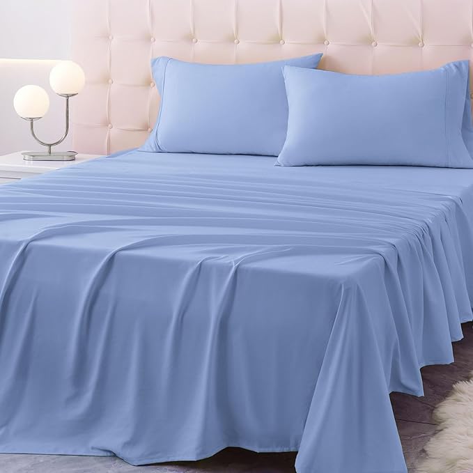 Full Size Bed Sheet Set - 4 Piece Soft Microfiber Sheets with Deep Pockets, Cooling Technology, and Wrinkle-Free Pillowcase. Hotel-Quality, Durable Bedding, Chambray Blue