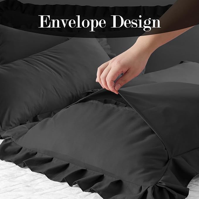 Ruffle Pillow Cases Standard Size Set of 2 –Soft Wrinkle Resistant Brushed Microfiber Ruffled Pillowcases –Envelope Pillow Shams Cover Festive Gift for Hotels,Guest Rooms 20x26 Inch (Black)