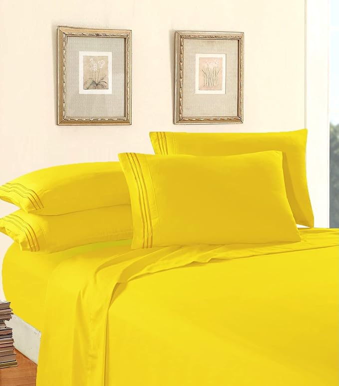Elegant Comfort Luxury Quality Microfiber 4-Piece 1500 Premium Hotel Sheet Set-Wrinkle Resistant, All Around Elastic Fitted Sheet, Deep Pocket up to 16", Cali King, Yellow