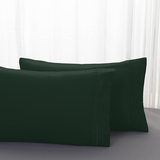 Mocassi 2-Piece Premium King Pillowcase Set 1800 Series Hotel Quality Microfiber - Soft and Breathable with 3-Line Embroidery Wrinkle and Stain Resistant, Easy Care, 20" x 40", Forest Green