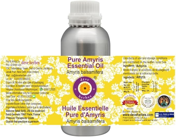 Deve Herbes Pure Amyris Essential Oil (Amyris balsamifera) Steam Distilled 1250ml (42 oz)
