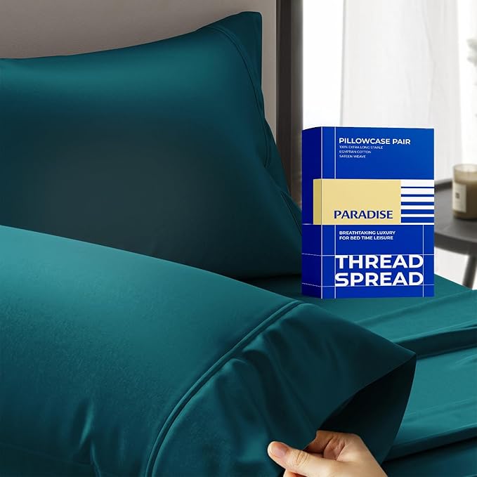 Thread Spread 100% Egyptian Cotton Pillow Cases Queen Size Set of 2 - Luxury 1000 Series Paradise Collection Queen Pillow Cases (Teal), Soft Cooling Sateen Hotel Egyptian Cotton Pillowcases