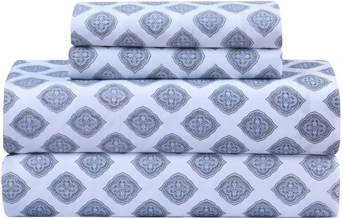 Feather & Stitch Softest 100% Cotton Sheets, 300 Thread Count Percale Weave Bedding, 16" Deep Pocket, Cooling Sheets, Breathable Bed Set, Hotel Premium Quality (Full, Diamond)