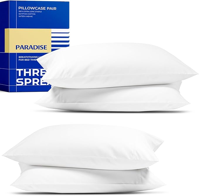 Thread Spread 100% Egyptian Cotton Pillow Cases Queen Size Set of 4 - Luxury 1000 Series Paradise Collection Queen Pillow Cases (Pack of 2, White), Soft Cooling Hotel Egyptian Cotton Pillowcases