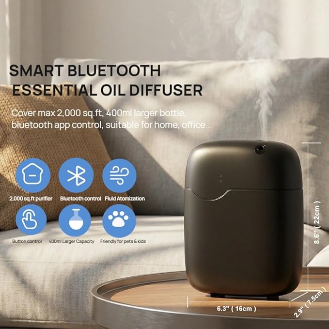 Kevinleo Waterless Essential Oil Diffuser – Bluetooth App Control, 2000 sq ft Coverage, Cold Air Atomizing for Home Office Commercial Use - 3pcs Oil Included (20ml/Bottle)