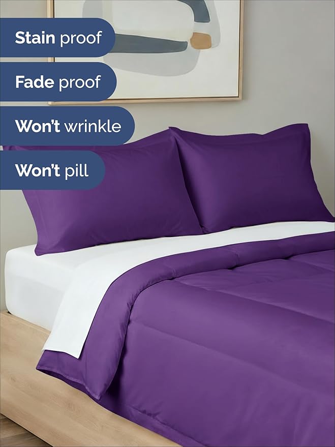 King Comforter Set - 3 Piece Bed Set for All Seasons - 1 Soft Quilted Comforter w/ Corner Tabs & 2 Pillow Shams - Comfy, Cozy & Breathable - Premium Down Duvet Insert - Oeko-TEX - King Size, Purple