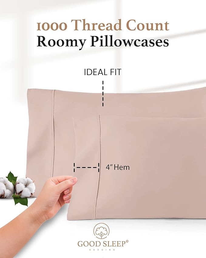 1000 TC Blush Standard Pillowcases Set of 4 100% Egyptian Cotton Pillow Cases with Long Staple Cotton & Sateen Weave, Silky Soft Hotel - Like Bed Pillow Covers for Comfy Sleeping, Snug Fit