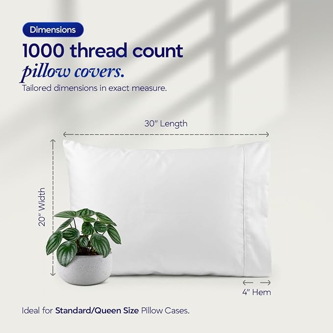 1000 TC Pillowcases Set of 4 100% Egyptian Cotton Pillow Cases with Long Staple Cotton & Sateen Weave, Silky Soft Hotel Like Bed Pillow Covers, Snug Fit (White, 4 Pc Standard/Queen Pillowcases)