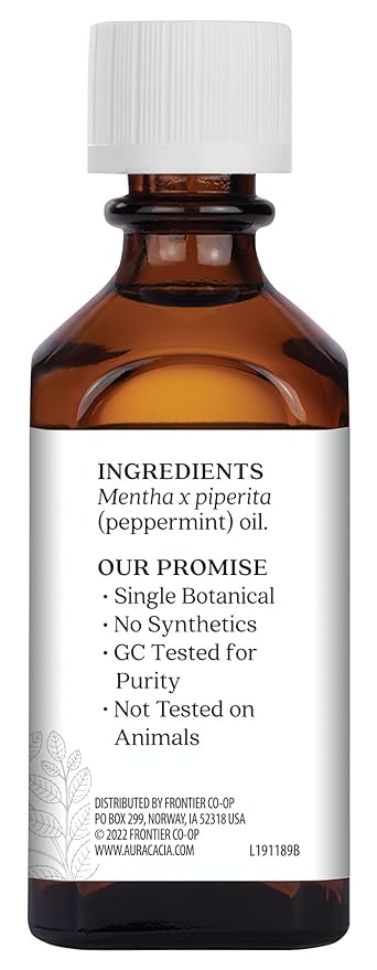 Aura Cacia Peppermint Essential Oil, 2-Ounce, Cools Skin, Fresh Minty Aroma, No Synthetic Fragrances, Color or Preservatives