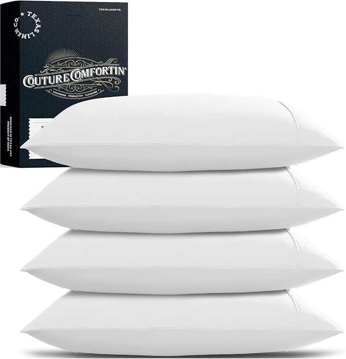TEXAS LINEN CO. 100% Egyptian Cotton Pillow Cases King Size Set of 4 - Luxury 1500 Series Couture Comfortin' Collection Cotton Pillowcases (2 Pair, White), Breathable Hotel Sateen Pillowcases