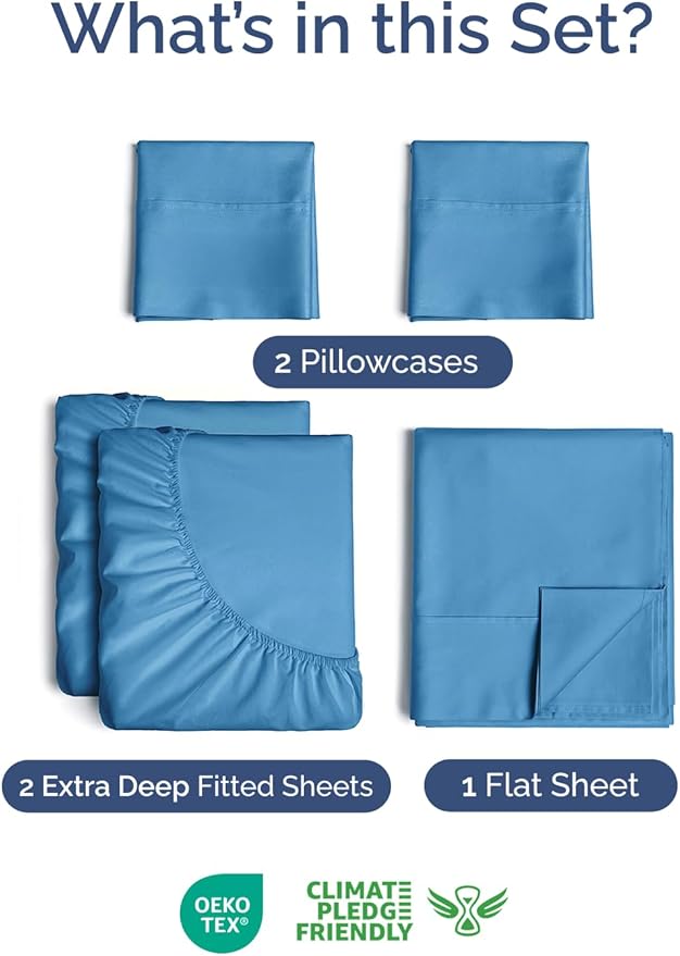 Extra Deep Split King Sheet Set - 5 Piece Breathable & Cooling Bed Sheets - Easily Fits 18 to 24 inch Mattress - Soft, Wrinkle & Fade Free with Extra Deep Pockets - Hotel Luxury Bedding - Denim Blue
