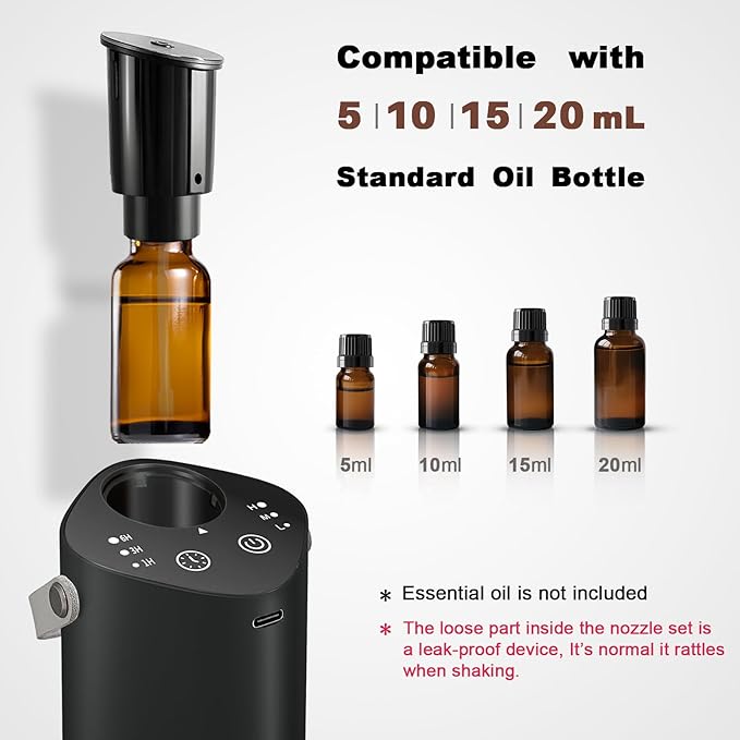 Waterless Essential Oil Diffuser with Handle, Scent Diffuser for Car Home Office Bathroom with Timer, Small Rechargeable Aromatherapy Diffuser, Portable Cordless Aroma Car Diffuser, Black