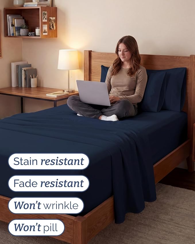 Extra Deep Twin XL Sheet Set - 4 Piece Breathable and Cooling Sheets - Hotel Luxury Bedding for Women, Men, Kids & Teens - Easy & Secure Fit - Soft and Wrinkle Free - Extra Deep Pockets - Navy Blue