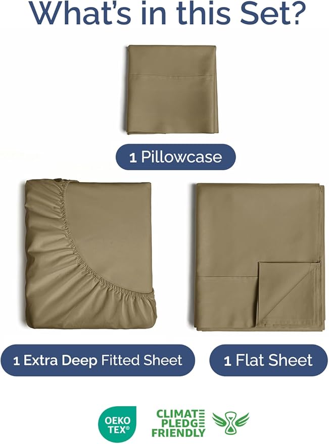 Extra Deep Twin Sheet Set - 3 Piece Breathable & Cooling Bed Sheets - Easily Fits 18 to 24 inch Mattress - Ultra Soft, Wrinkle & Fade Free w/ Extra Deep Pockets - Comfy Hotel Luxury Bedding - Khaki